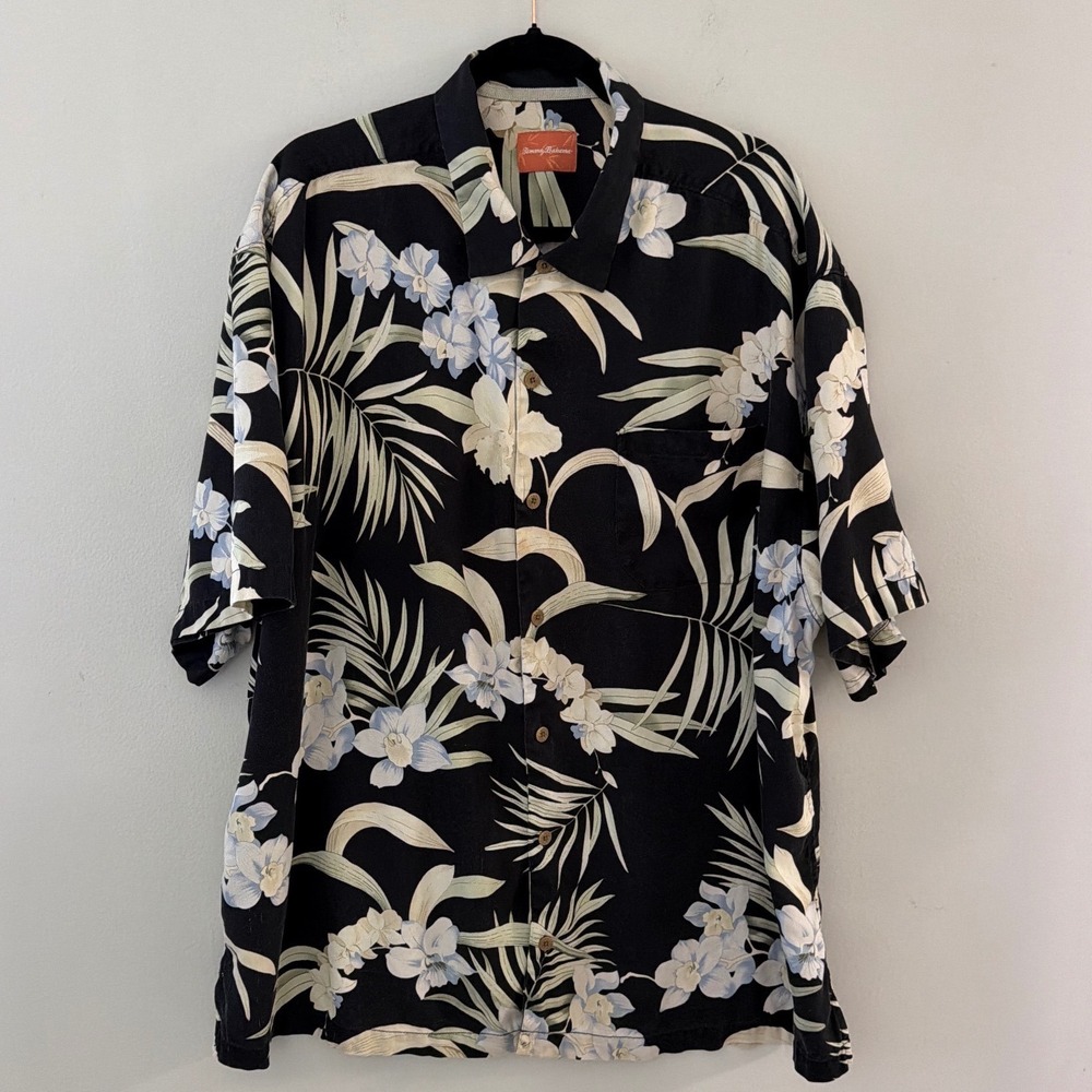 Tommy Bahama Mens 2XB Black Silk Tropical Orchid Floral Hawaiian Camp Shirt